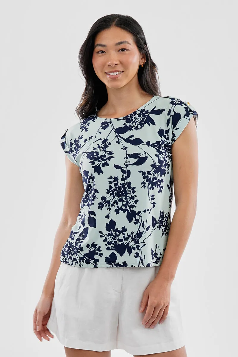 Beechers Brook Floral Cap Sleeve Back Slit Tee - Aqua sold by Fairweather