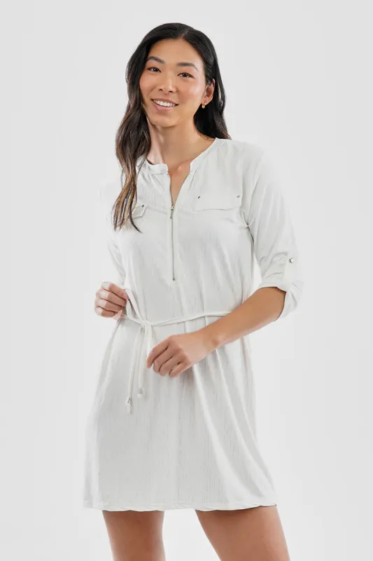 International INC Company Patterned Tie Waist Half Zip Day Dress - White sold by Fairweather