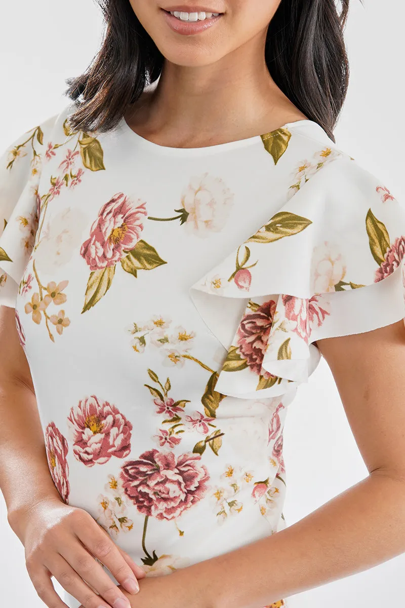 Costa Blanca Floral Flutter Sleeve Scuba Cocktail Dress - White sold by Fairweather product image thumbnail 4