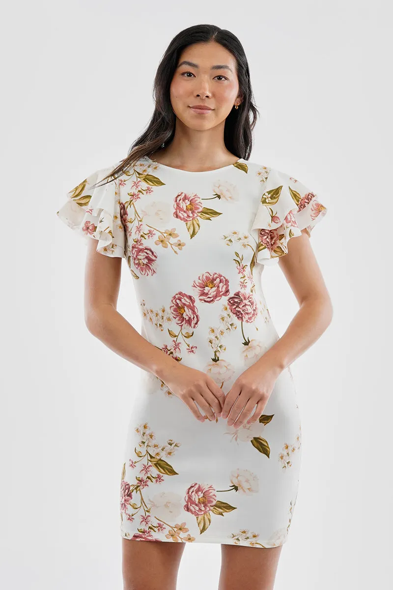 Costa Blanca Floral Flutter Sleeve Scuba Cocktail Dress - White sold by Fairweather