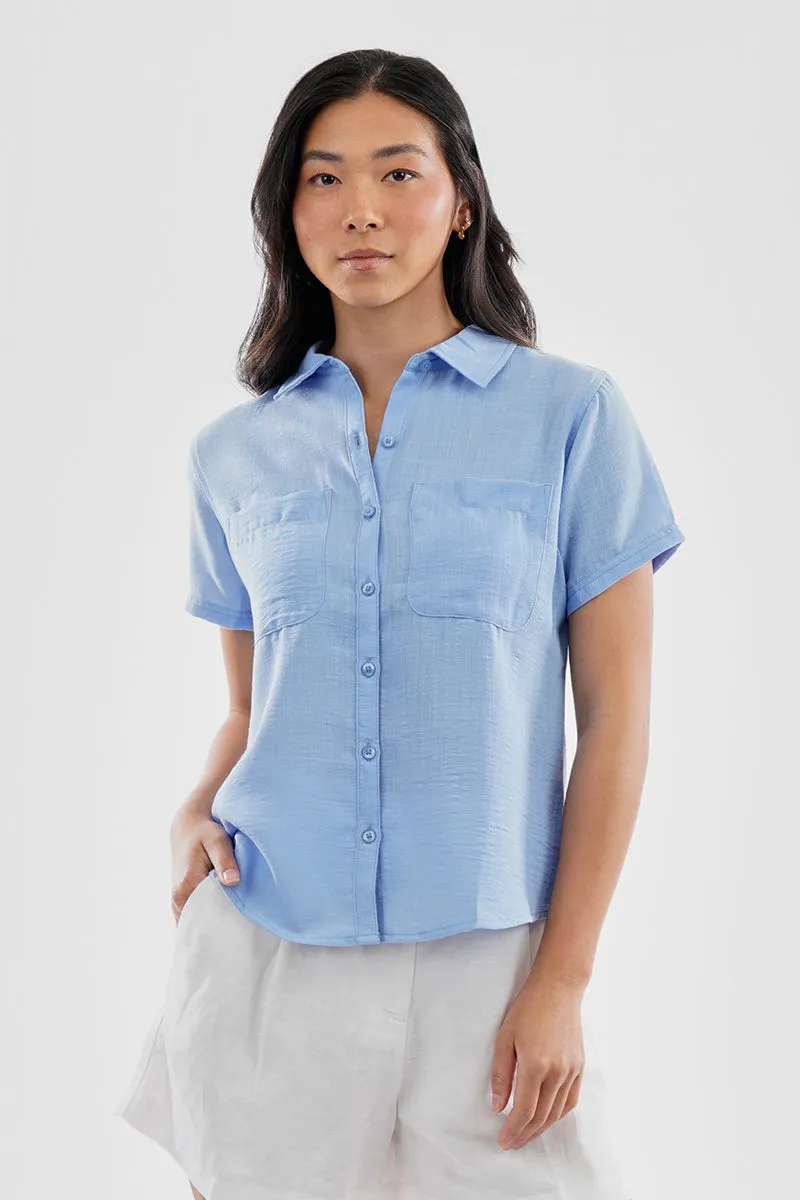 Super Triple Goose Vintage Short Sleeve Button Up Textured Shirt - Blue sold by Fairweather