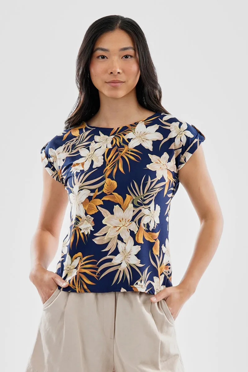 Beechers Brook Floral Cap Sleeve Back Slit Tee - Navy sold by Fairweather