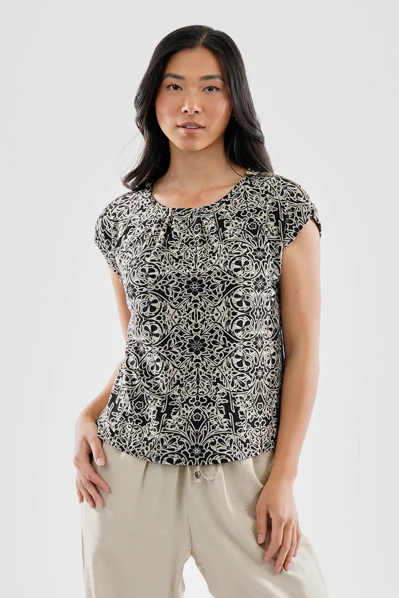 Beechers Brook Patterned Zipper Shoulder Detail Blouse - Black sold by Fairweather