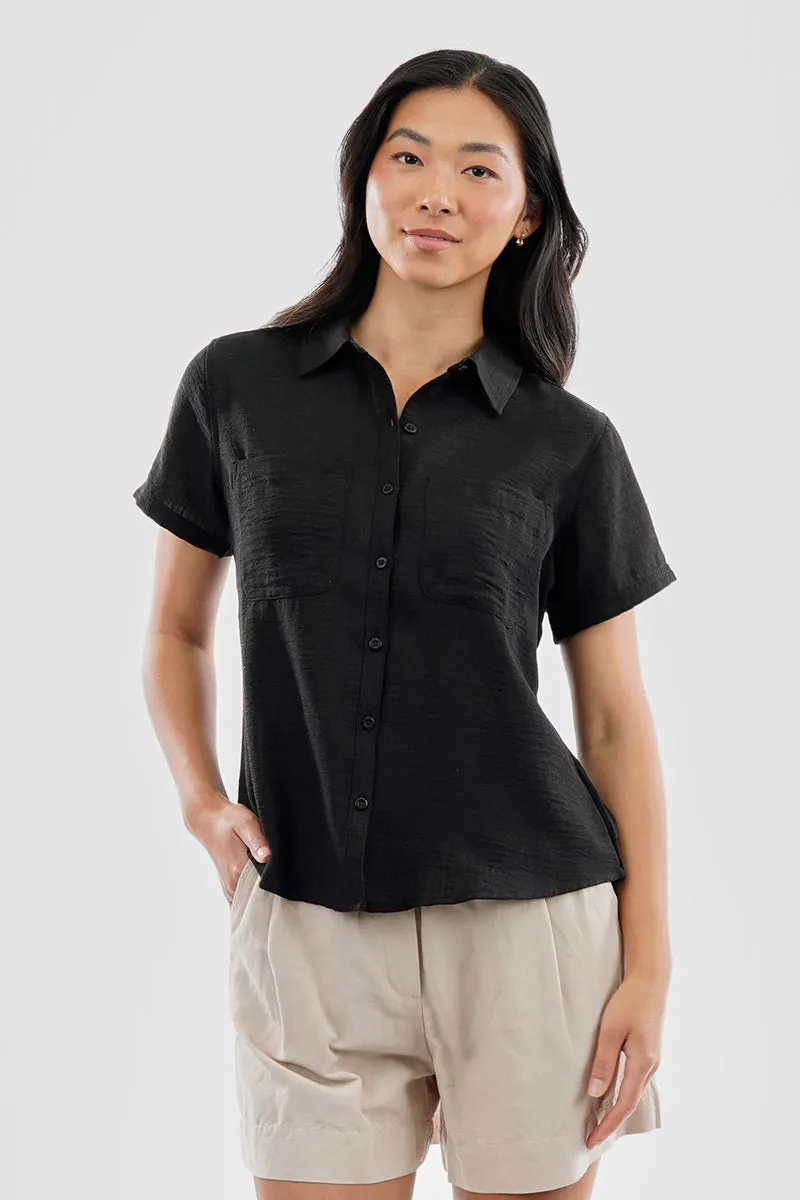 Super Triple Goose Vintage Short Sleeve Button Up Textured Shirt - Black sold by Fairweather