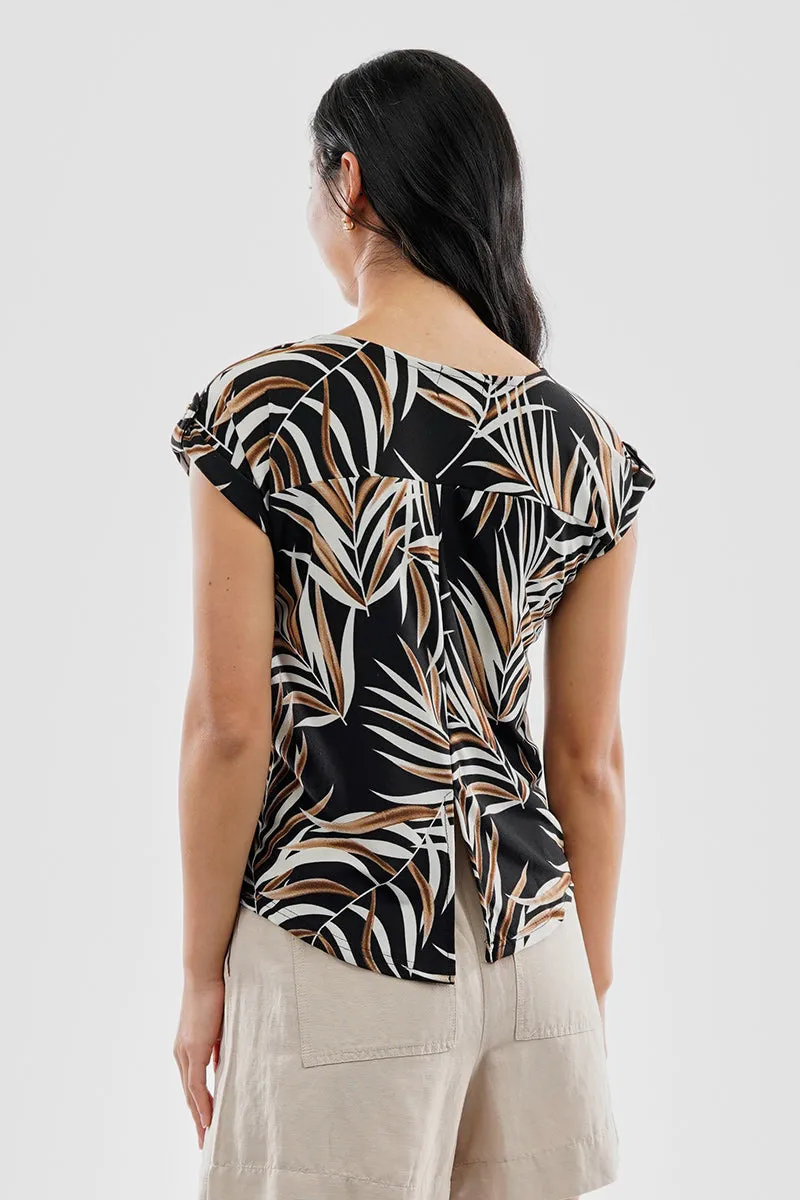 Beechers Brook Leaf Print Cap Sleeve Back Slit Tee - Black sold by Fairweather product image thumbnail 3