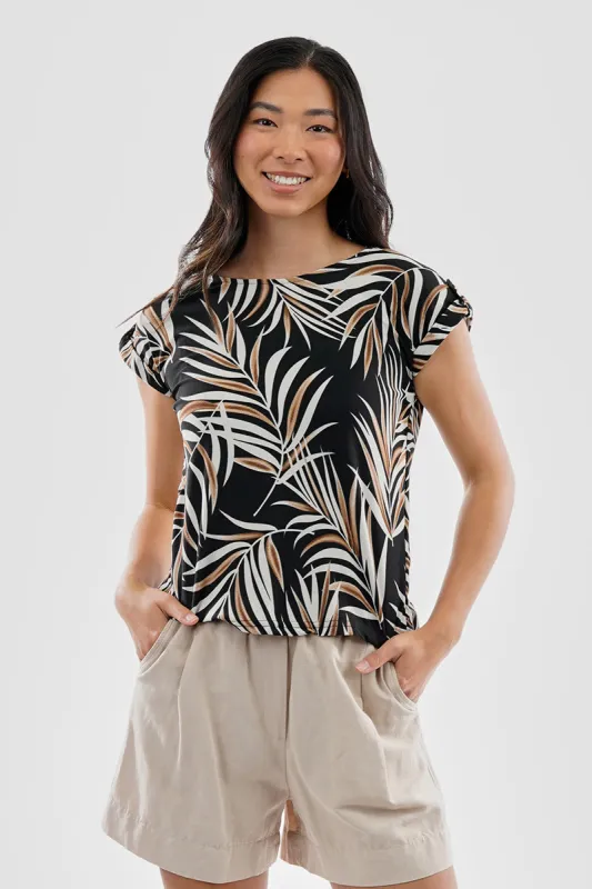 Beechers Brook Leaf Print Cap Sleeve Back Slit Tee - Black sold by Fairweather