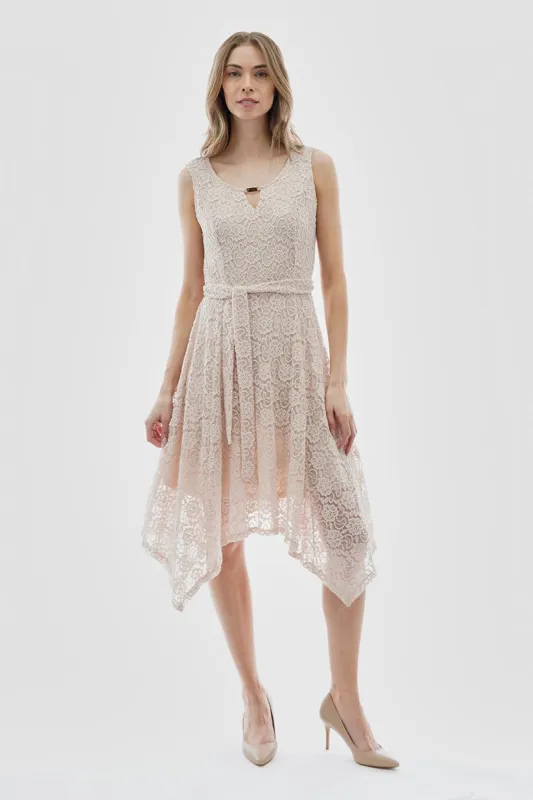 Costa Blanca Belted Lace Gold Bar Detail Cocktail Dress - Cream sold by Fairweather