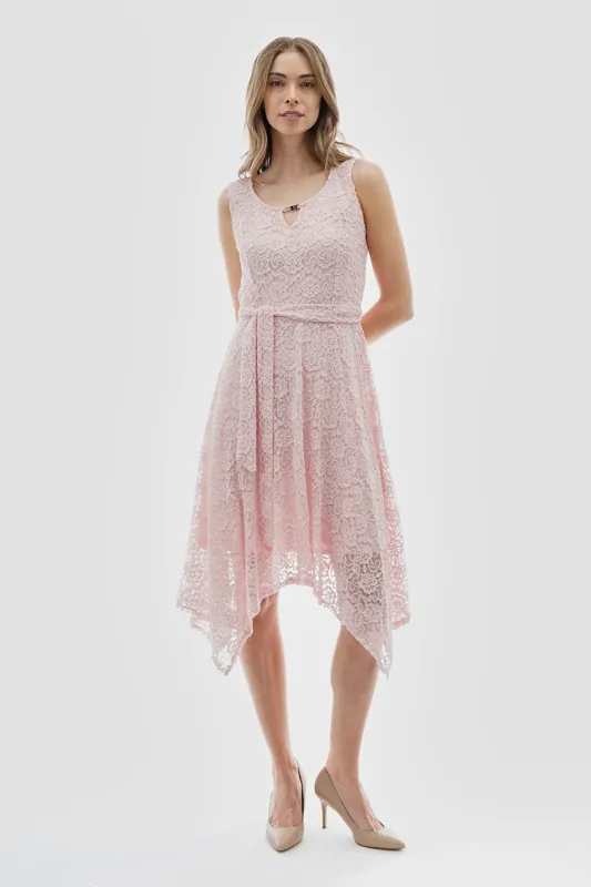 Costa Blanca Belted Lace Gold Bar Detail Cocktail Dress - Pink sold by Fairweather