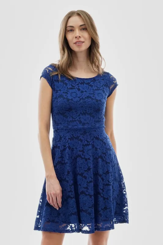 Costa Blanca Floral Lace Cap Sleeve Cocktail Dress - Blue sold by Fairweather