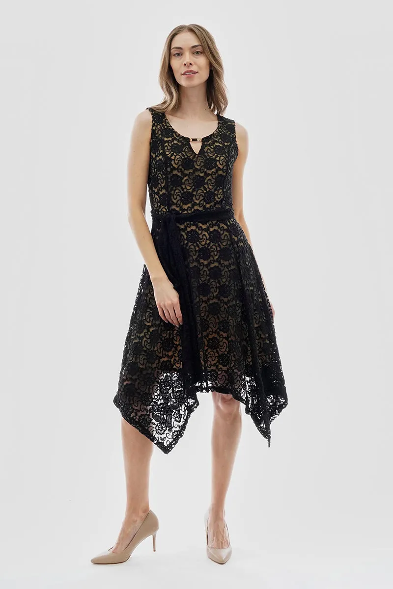 Costa Blanca Belted Lace Gold Bar Detail Cocktail Dress - Black sold by Fairweather