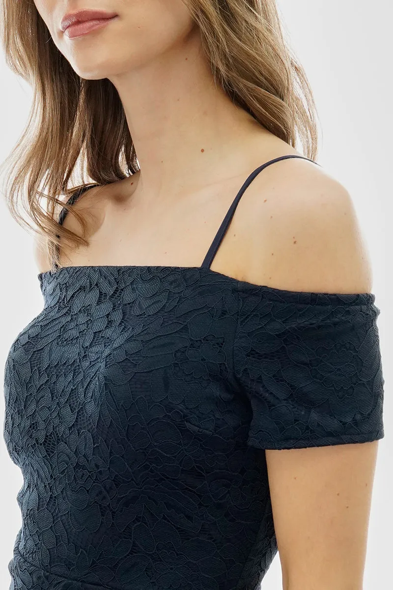 Costa Blanca Lace Off Shoulder Side Slit Cocktail Dress - Navy sold by Fairweather product image thumbnail 4