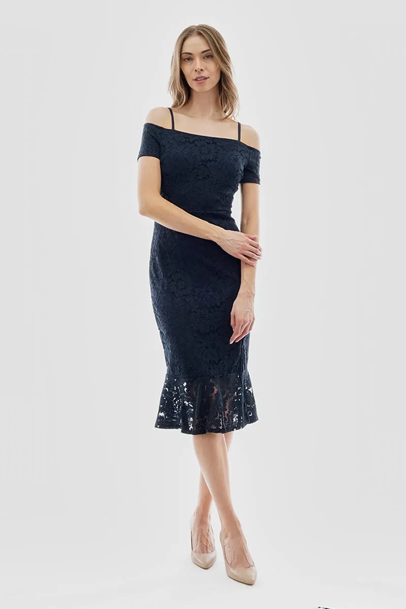 Costa Blanca Lace Off Shoulder Side Slit Cocktail Dress - Navy sold by Fairweather