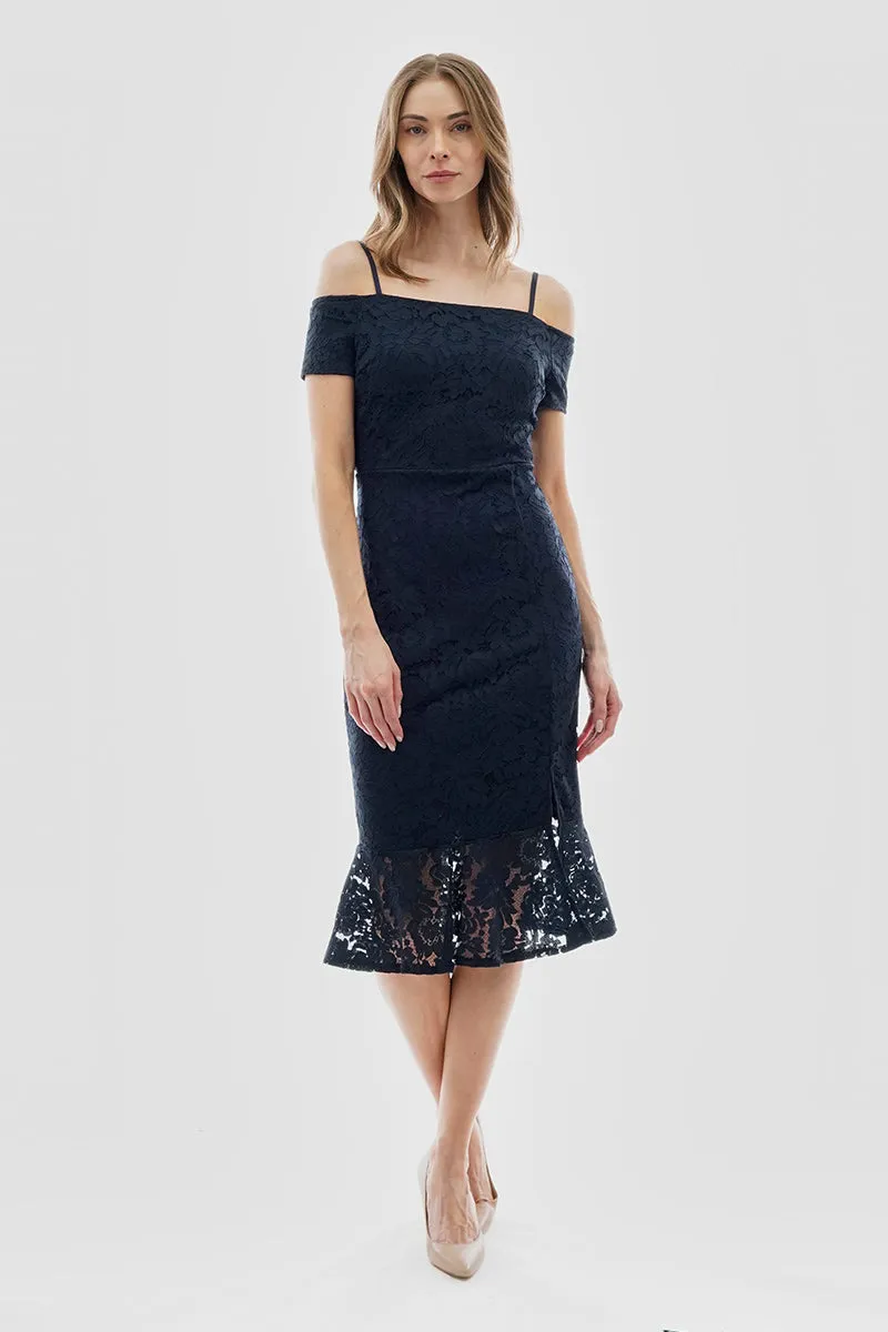 Costa Blanca Lace Off Shoulder Side Slit Cocktail Dress - Navy sold by Fairweather product image thumbnail 5