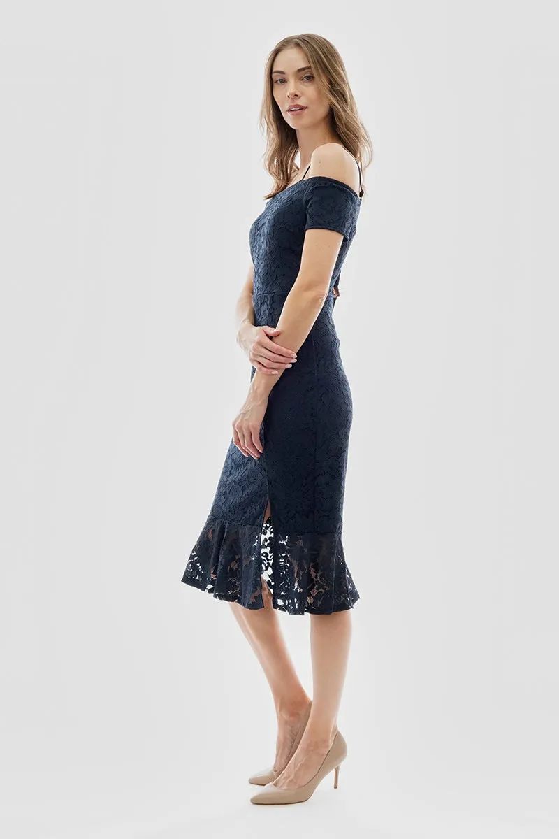 Costa Blanca Lace Off Shoulder Side Slit Cocktail Dress - Navy sold by Fairweather product image thumbnail 2