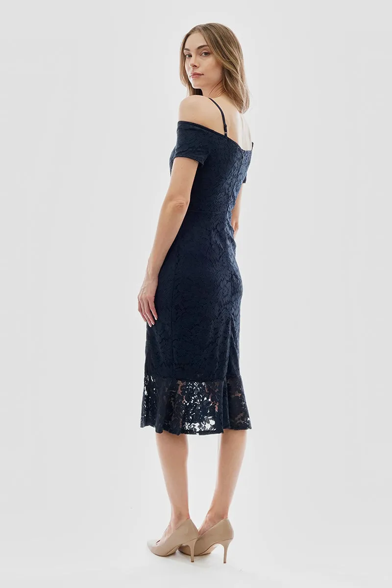 Costa Blanca Lace Off Shoulder Side Slit Cocktail Dress - Navy sold by Fairweather product image thumbnail 3