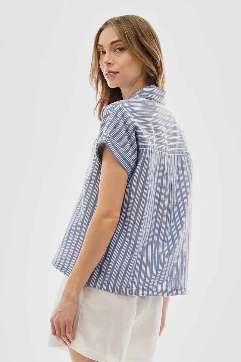 Beechers Brook Striped Button Up Short Sleeve Shirt - Blue sold by Fairweather product image thumbnail 3