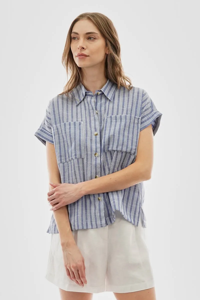 Beechers Brook Striped Button Up Short Sleeve Shirt - Blue sold by Fairweather