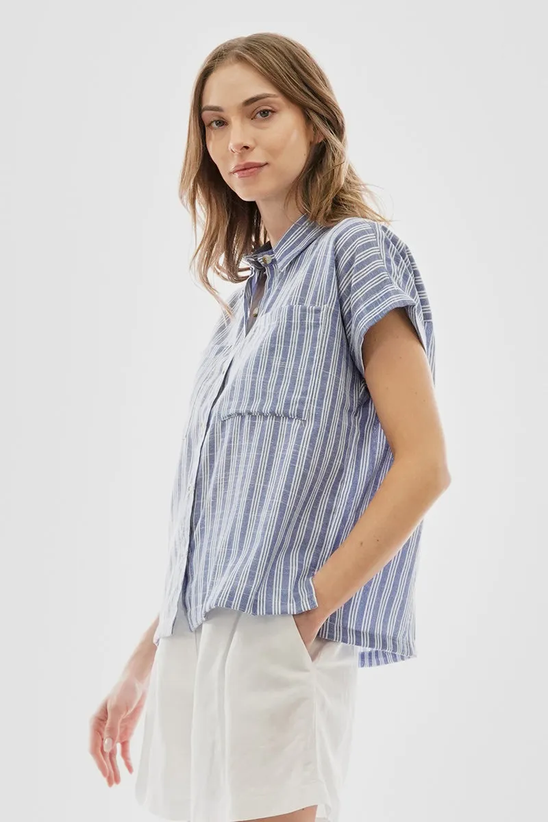 Beechers Brook Striped Button Up Short Sleeve Shirt - Blue sold by Fairweather product image thumbnail 2