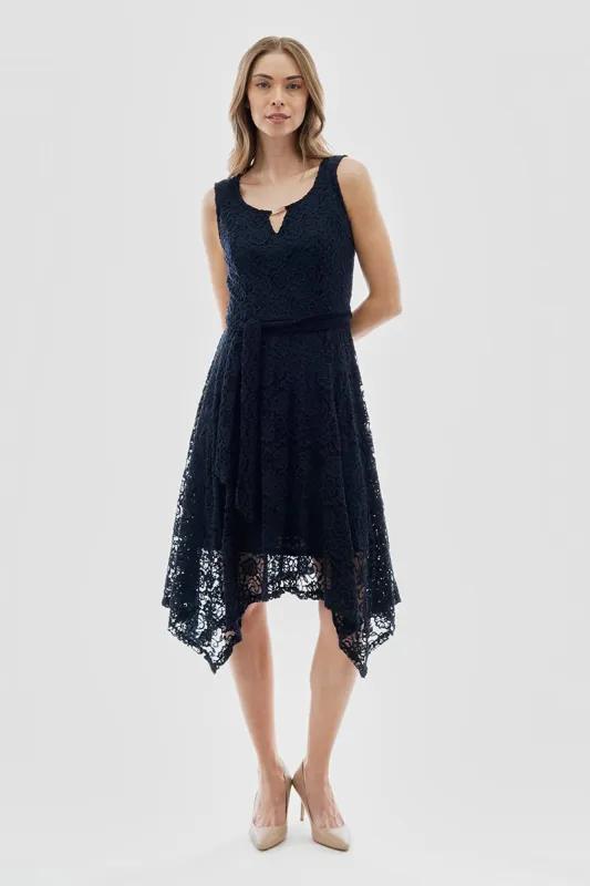 Costa Blanca Belted Lace Gold Bar Detail Cocktail Dress - Navy sold by Fairweather