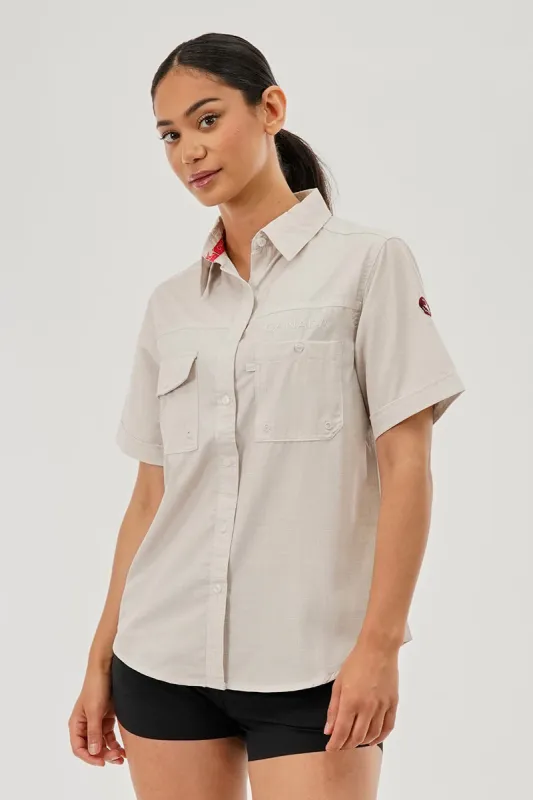 Canada Weather Gear Short Sleeve Button Up Utility Shirt - Beige sold by Fairweather
