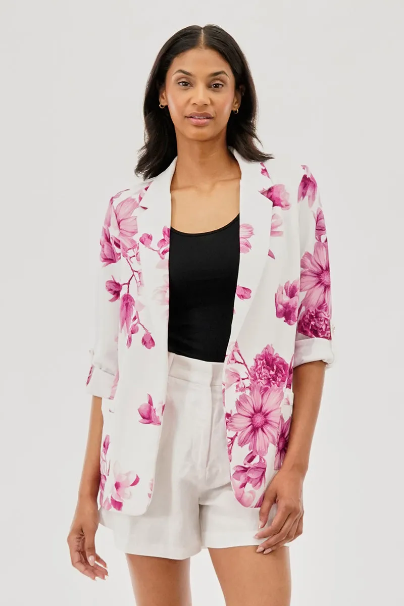 Costa Blanca Floral Roll Up Sleeve Open Blazer - Pink sold by Fairweather