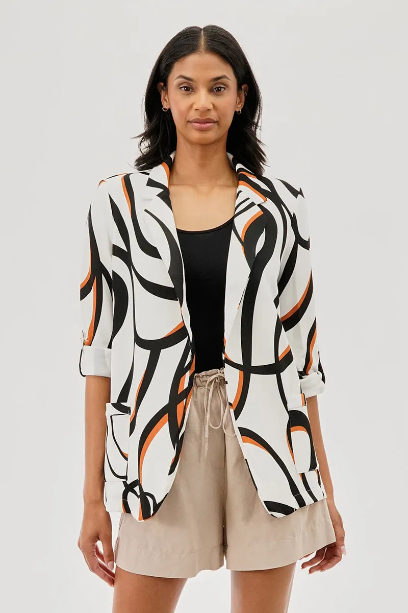 Costa Blanca Patterned Roll Up Sleeve Open Blazer - White sold by Fairweather