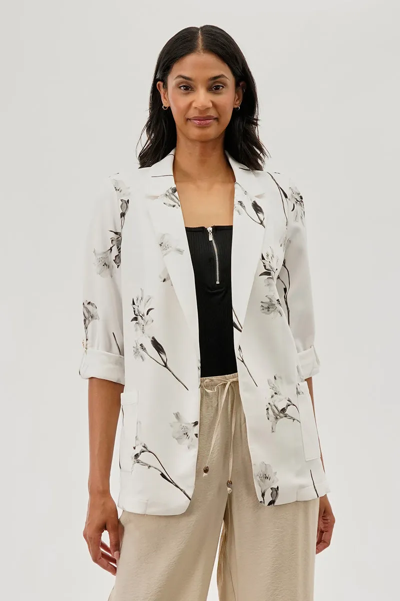 Costa Blanca Floral Roll Up Sleeve Open Blazer - White sold by Fairweather