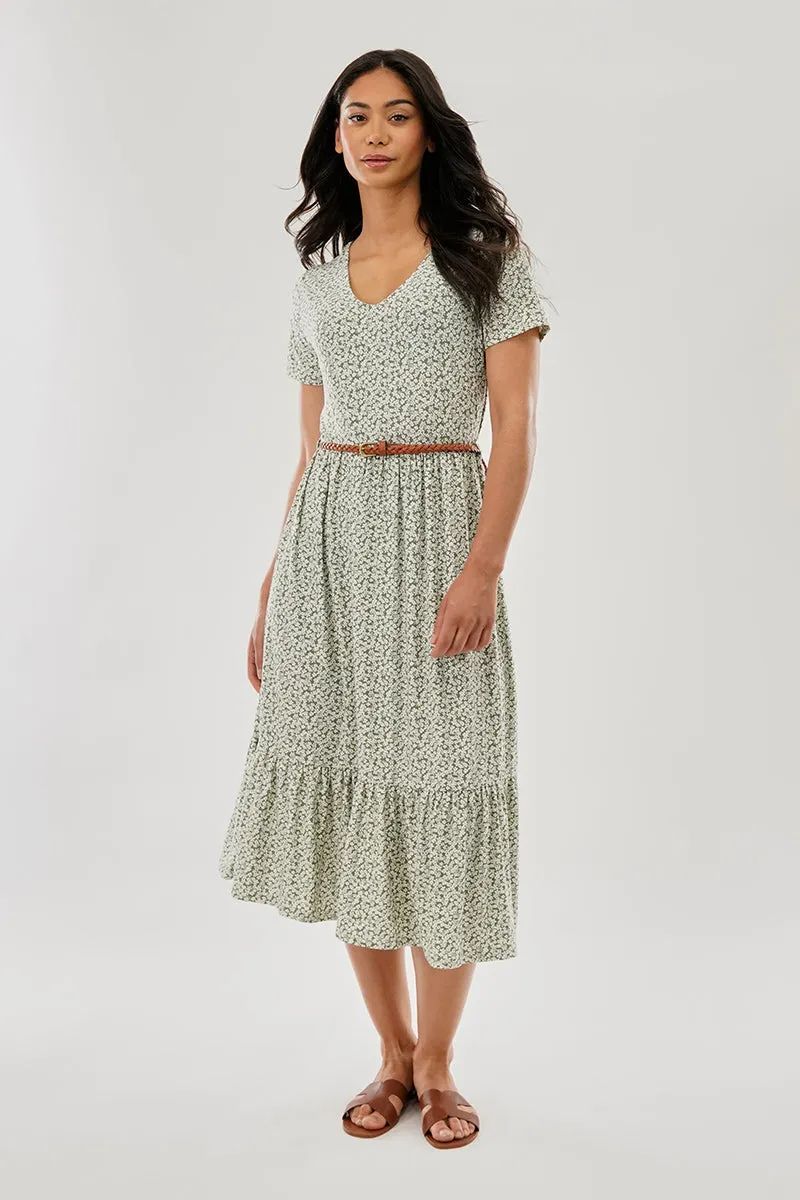 Beechers Brook Floral Belted Short Sleeve Midi Dress - Olive sold by Fairweather