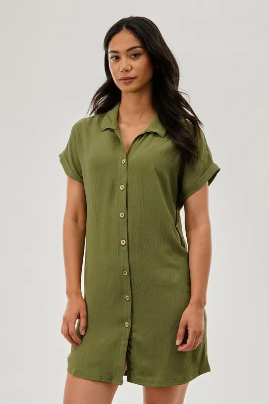 Stylexchange Vintage Button Up Short Sleeve Day Dress - Olive sold by Fairweather
