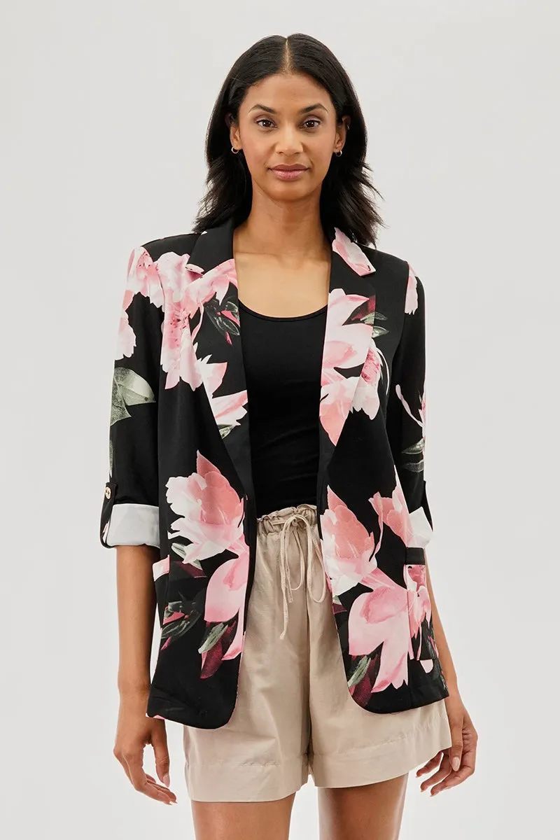 Costa Blanca Floral Roll Up Sleeve Open Blazer - Black sold by Fairweather
