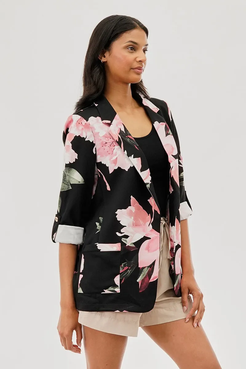 Costa Blanca Floral Roll Up Sleeve Open Blazer - Black sold by Fairweather product image thumbnail 2