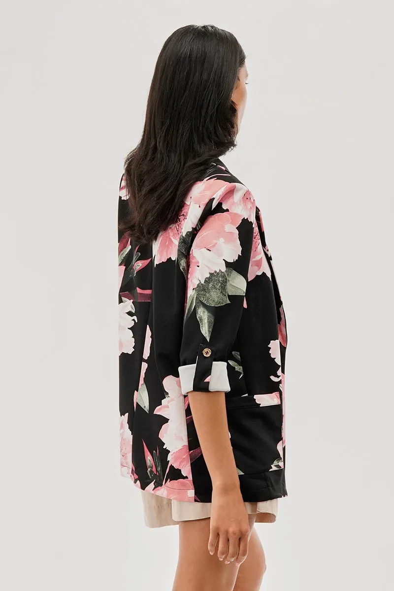 Costa Blanca Floral Roll Up Sleeve Open Blazer - Black sold by Fairweather product image thumbnail 3
