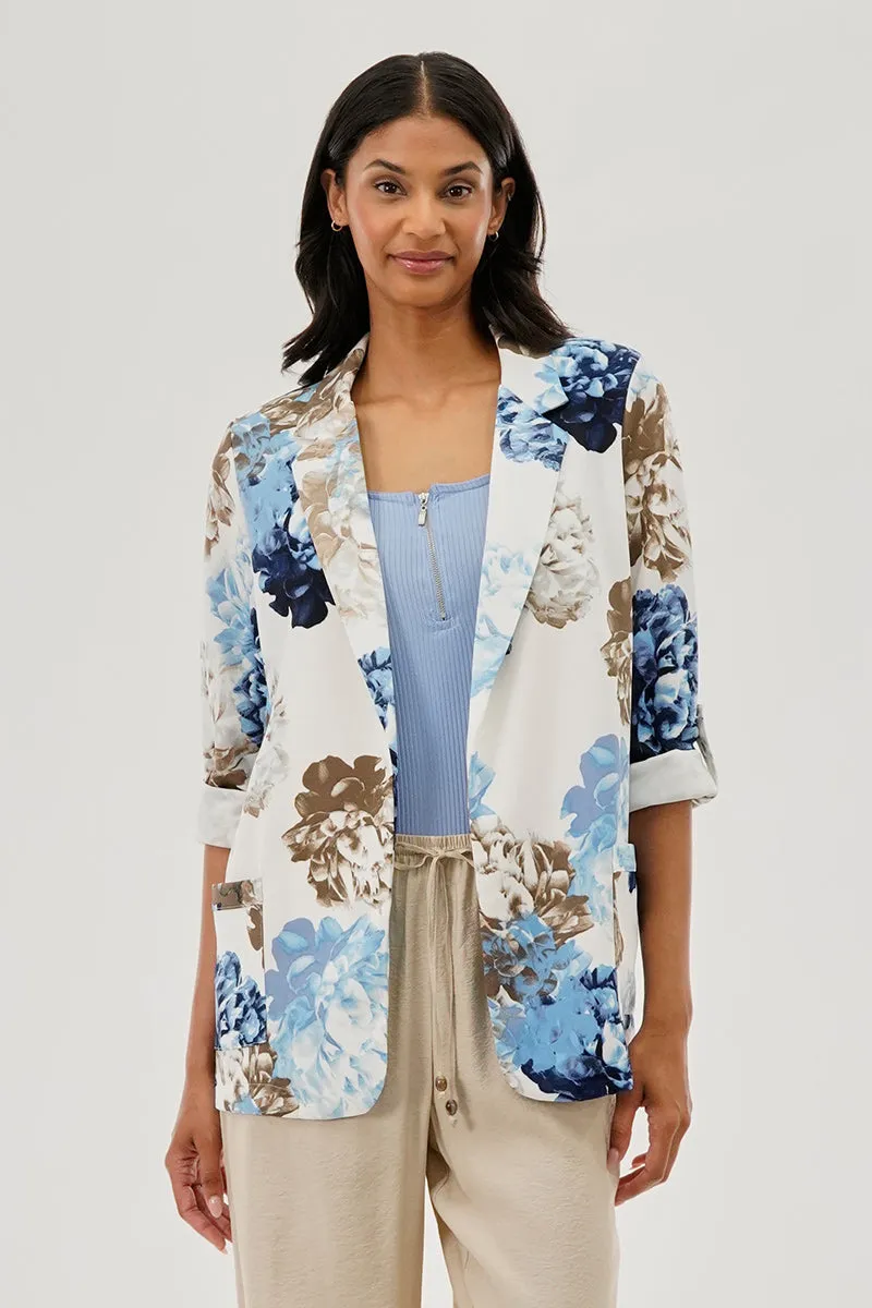 Costa Blanca Floral Roll Up Sleeve Open Blazer - Blue sold by Fairweather
