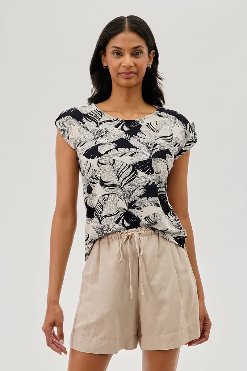 Beechers Brook Leaf Print Cap Sleeve Back Slit Tee - Navy sold by Fairweather
