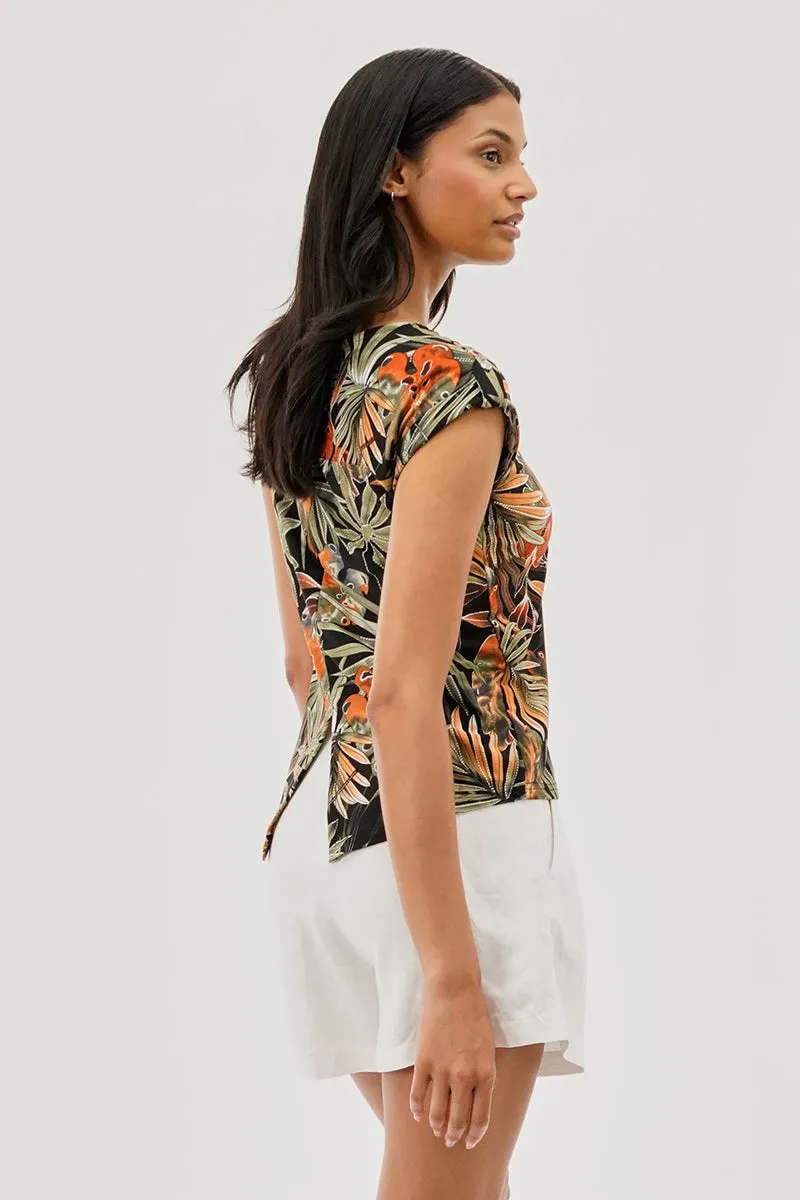 Beechers Brook Tropical Print Cap Sleeve Back Slit Tee - Black sold by Fairweather product image thumbnail 3
