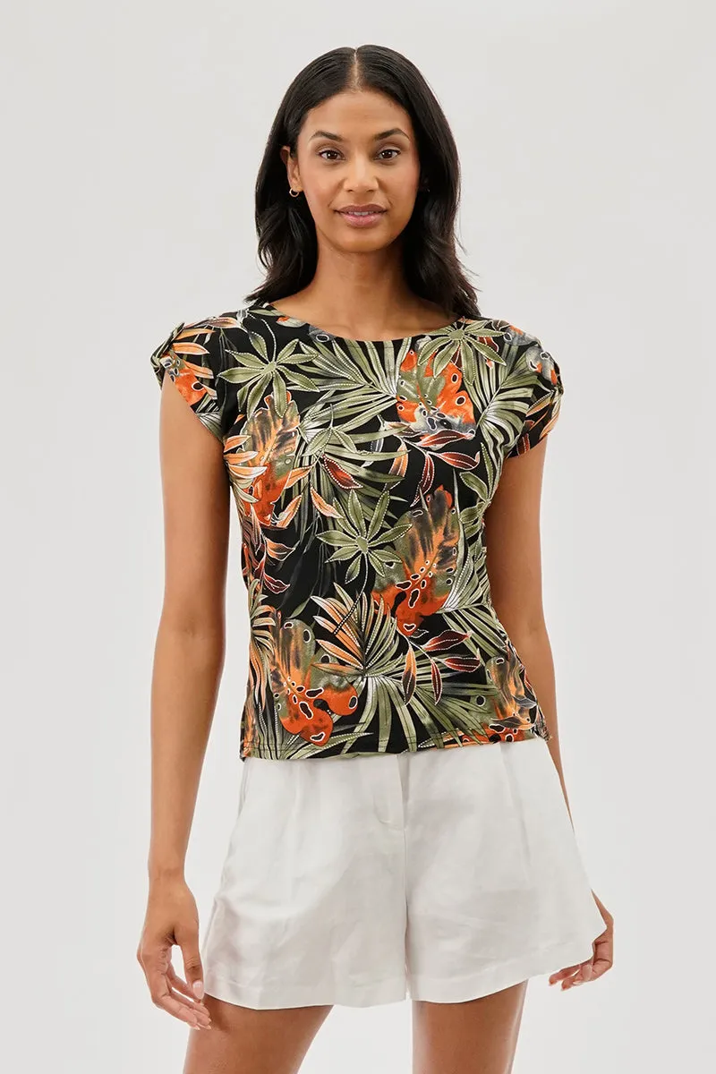 Beechers Brook Tropical Print Cap Sleeve Back Slit Tee - Black sold by Fairweather