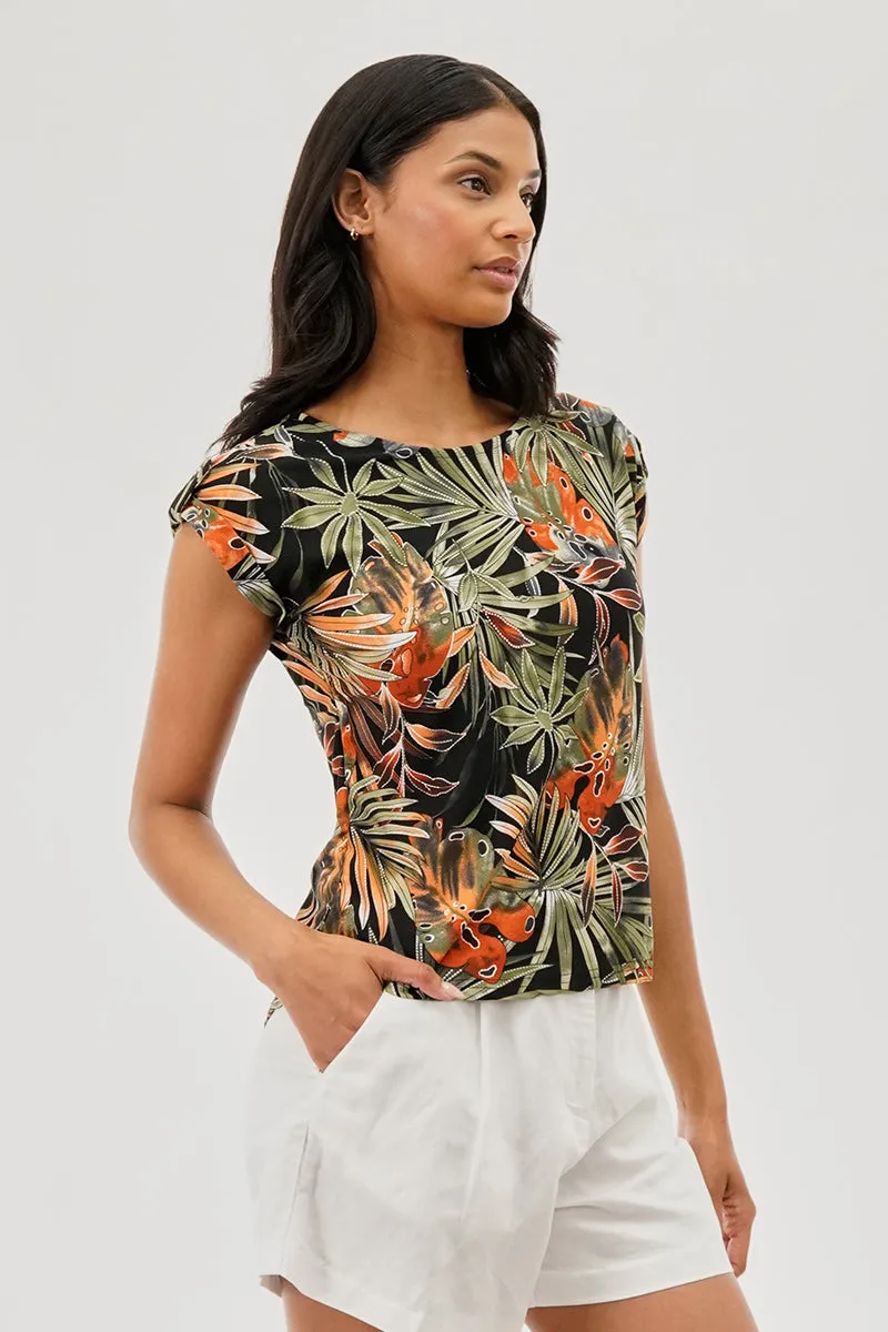 Beechers Brook Tropical Print Cap Sleeve Back Slit Tee - Black sold by Fairweather product image thumbnail 2