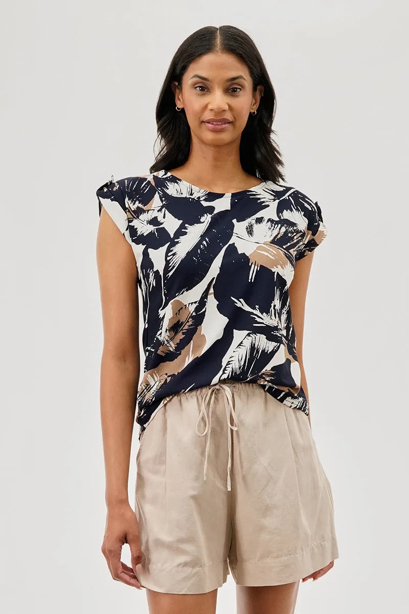 Beechers Brook Leaf Print Cap Sleeve Back Slit Tee - White sold by Fairweather