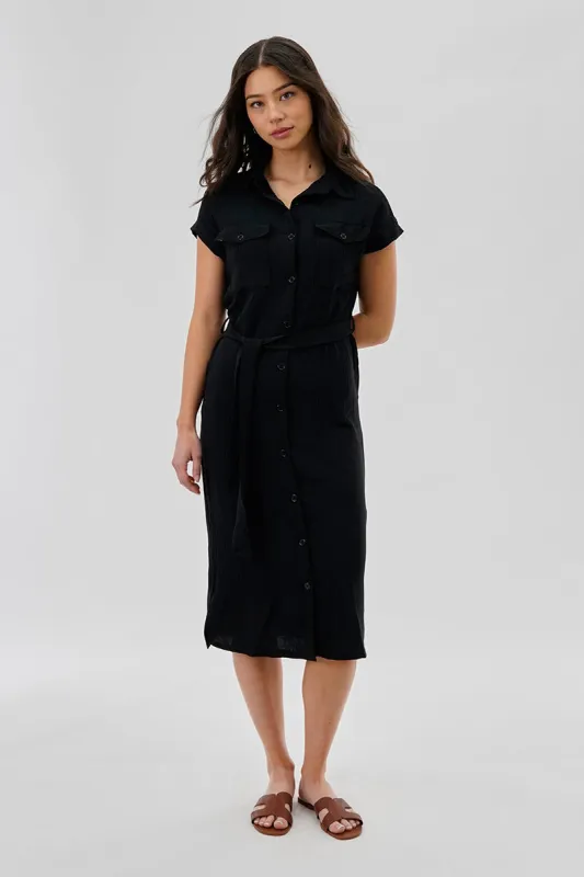 Stylexchange Vintage Belted Button Up Midi Dress - Black sold by Fairweather