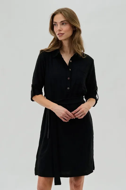 Urbanology Belted Button Up Day Dress - Black sold by Fairweather