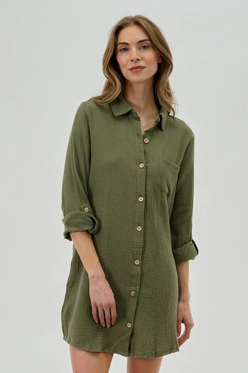 Impress Button Up Day Dress - Olive sold by Fairweather