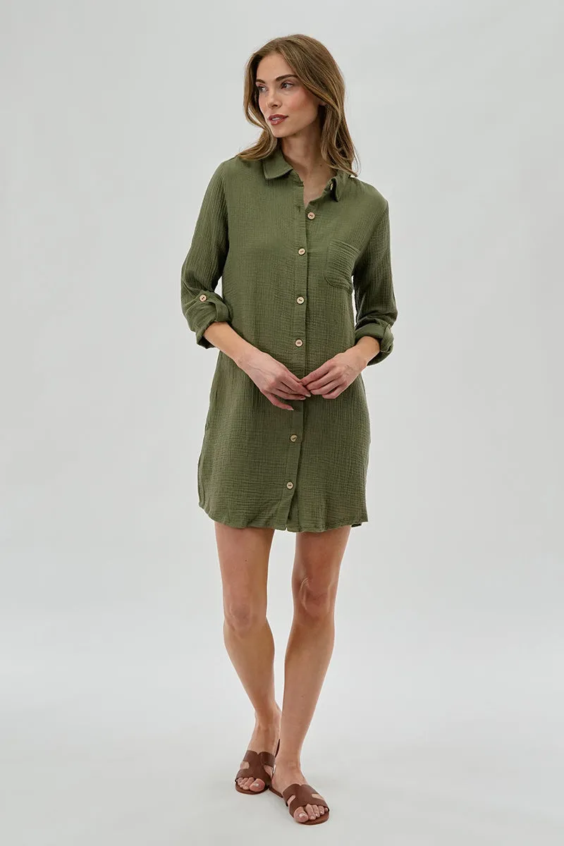 Impress Button Up Day Dress - Olive sold by Fairweather product image thumbnail 5