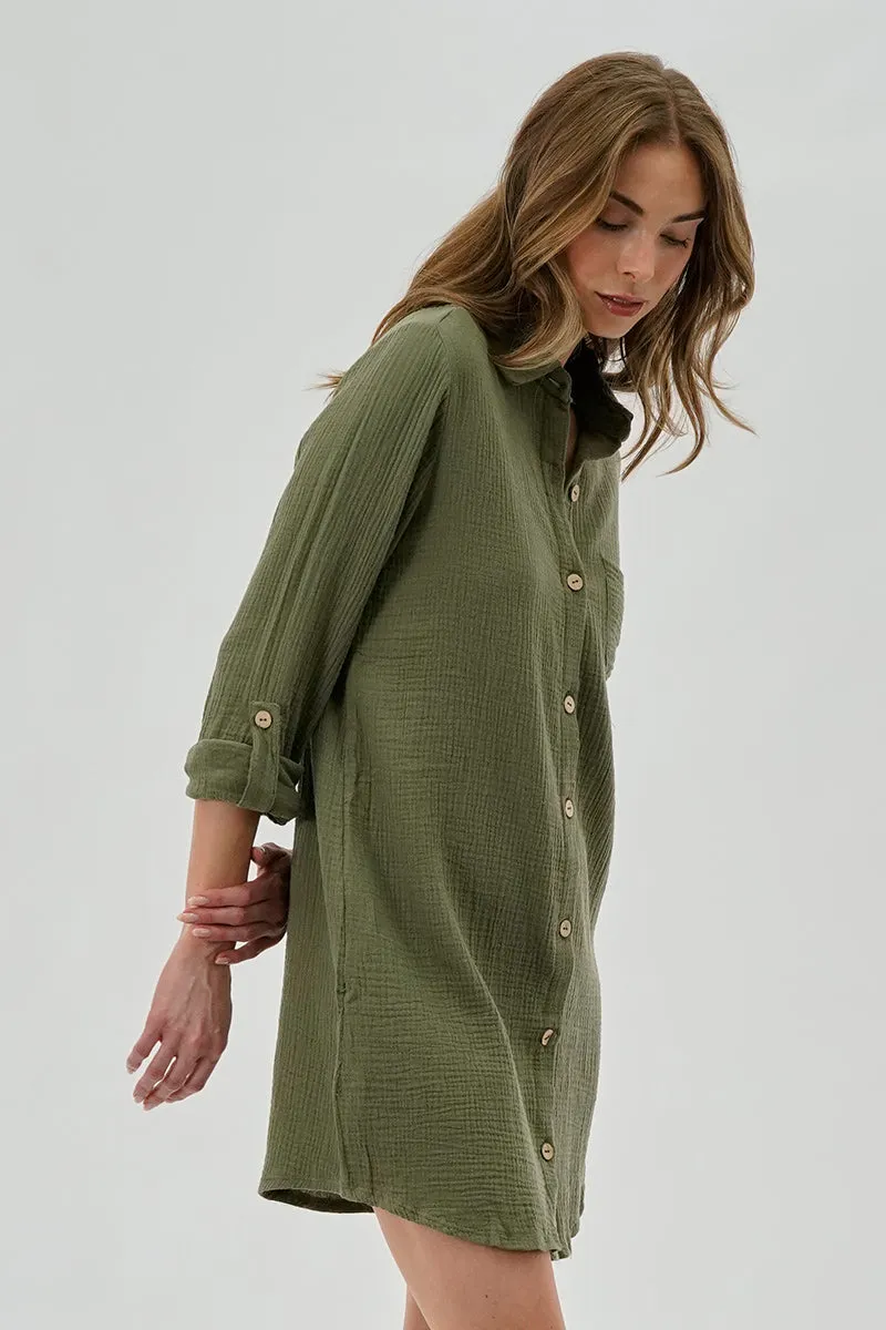 Impress Button Up Day Dress - Olive sold by Fairweather product image thumbnail 2