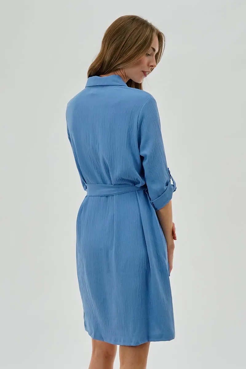 Urbanology Belted Button Up Day Dress - Blue sold by Fairweather product image thumbnail 3