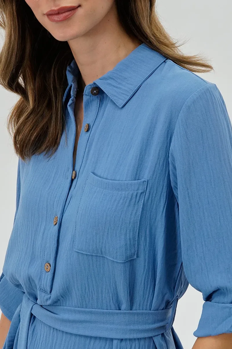 Urbanology Belted Button Up Day Dress - Blue sold by Fairweather product image thumbnail 4