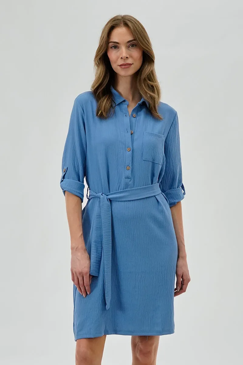 Urbanology Belted Button Up Day Dress - Blue sold by Fairweather