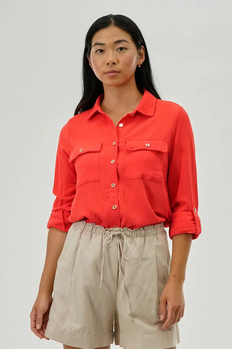 International INC Company Button Down Utility Pocket Blouse - Coral sold by Fairweather