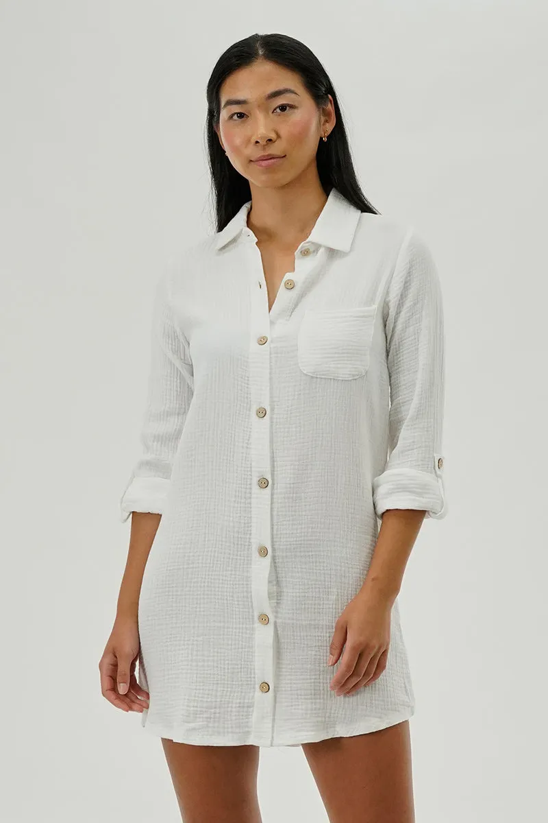 Impress Button Up Day Dress - White sold by Fairweather