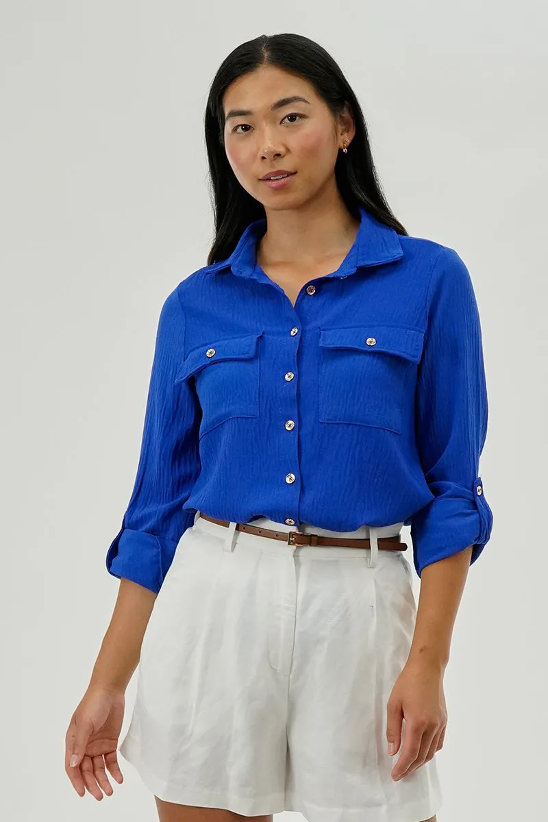 International INC Company Button Down Utility Pocket Blouse - Blue sold by Fairweather