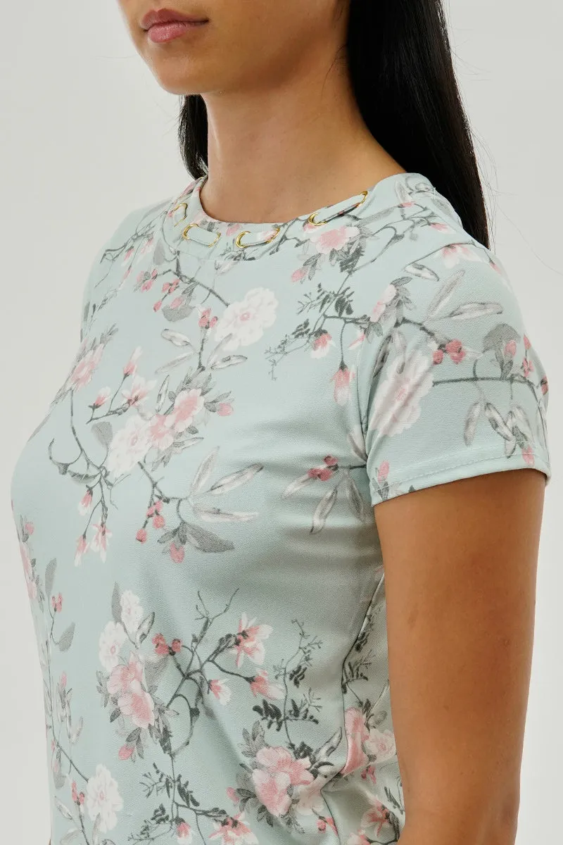 International INC Company Floral Gommet Neck Detail Tee - Aqua sold by Fairweather product image thumbnail 4